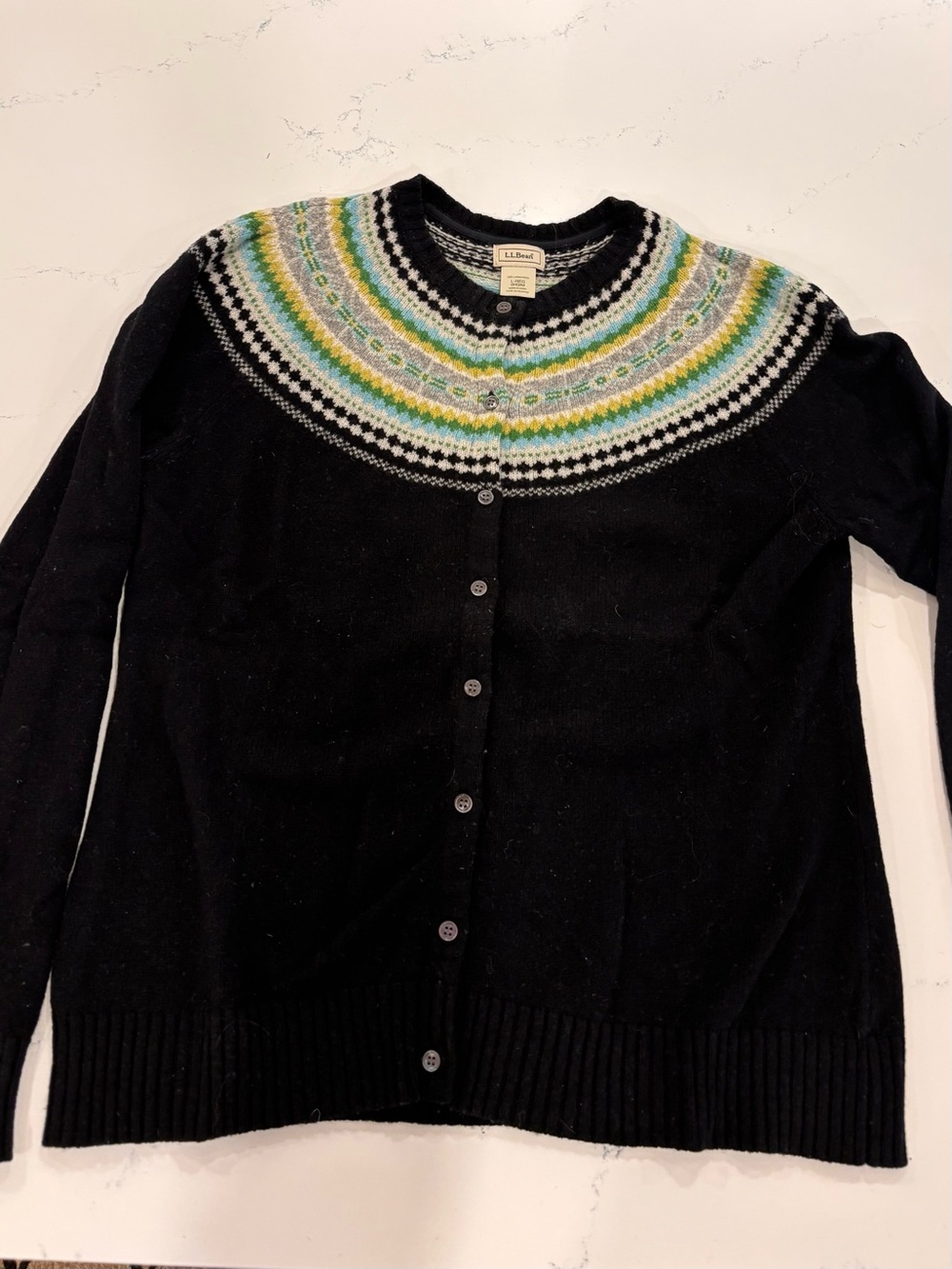 L.L. Bean Black Fair Isle Yoke Cardigan with Green and Blue Accents